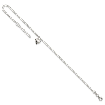 Sterling Silver Figaro Chain with Heart Charm 9 inch Plus 1 inch Extender - Total 10 inch Anklet