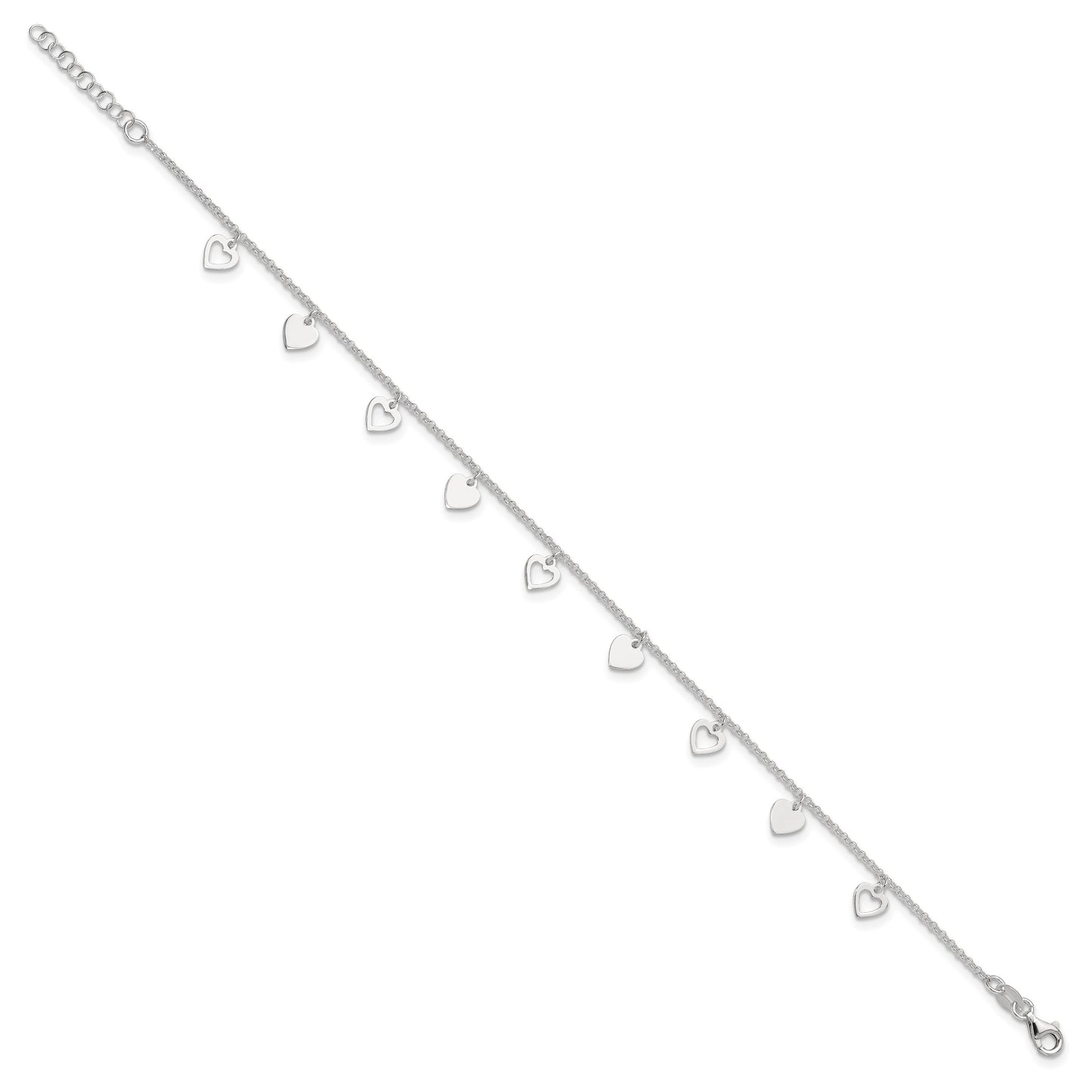 Sterling Silver Heart Charms 9 inch Plus 1 inch Extender - Total 10 inch Anklet