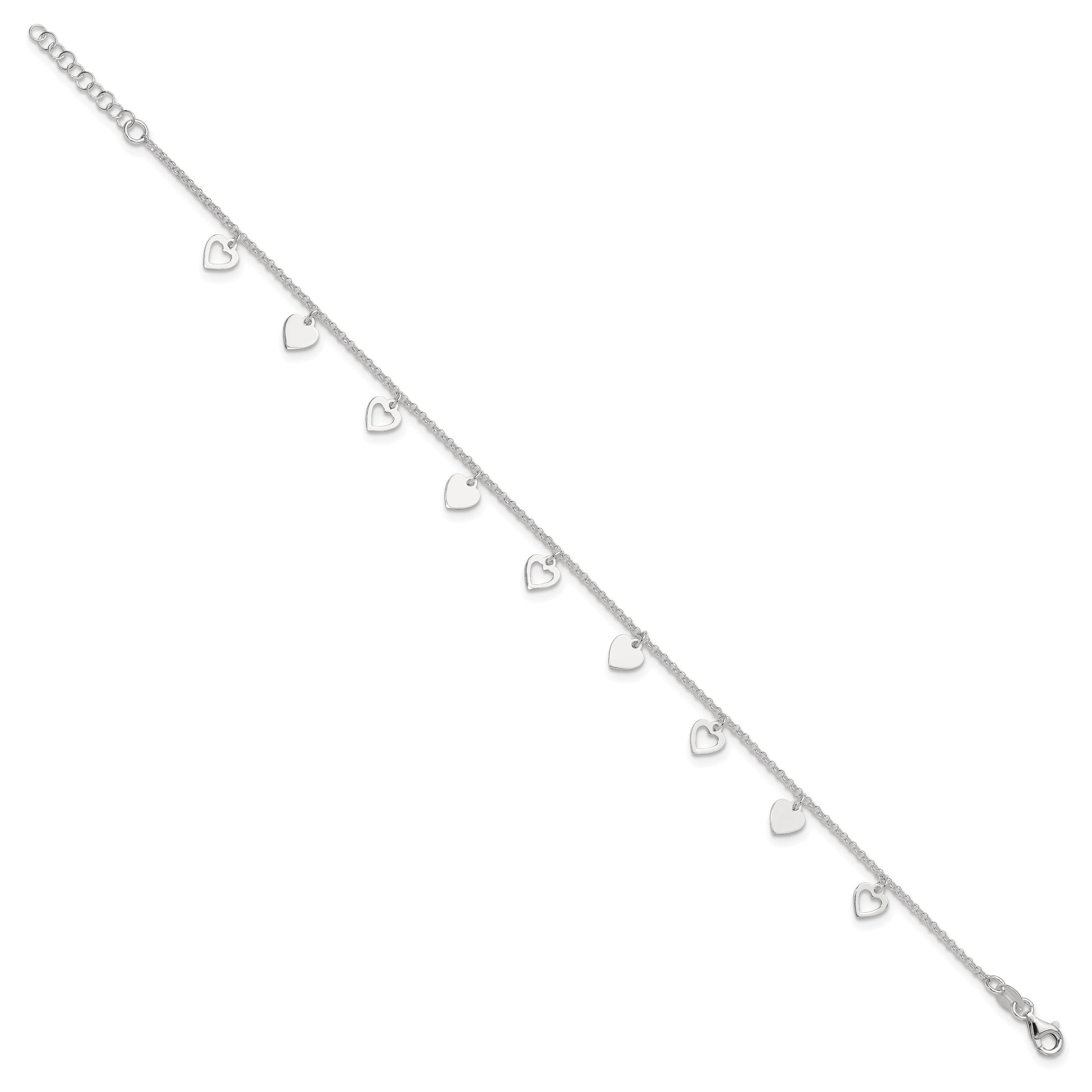 Sterling Silver Heart Charms 9 inch Plus 1 inch Extender - Total 10 inch Anklet
