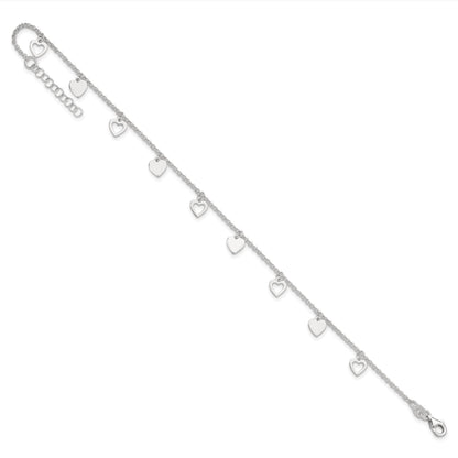 Sterling Silver Heart Charms 9 inch Plus 1 inch Extender - Total 10 inch Anklet