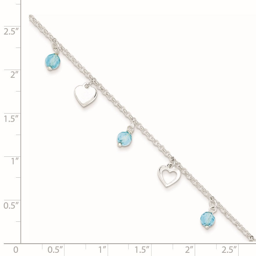 Sterling Silver Blue Glass Beads and Hearts 9 inch Plus 1 inch Extender - Total 10 inch Anklet