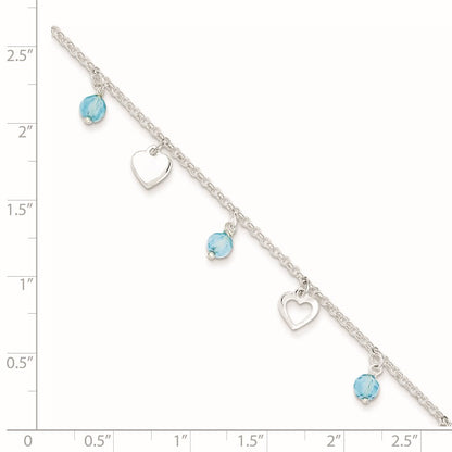 Sterling Silver Blue Glass Beads and Hearts 9 inch Plus 1 inch Extender - Total 10 inch Anklet