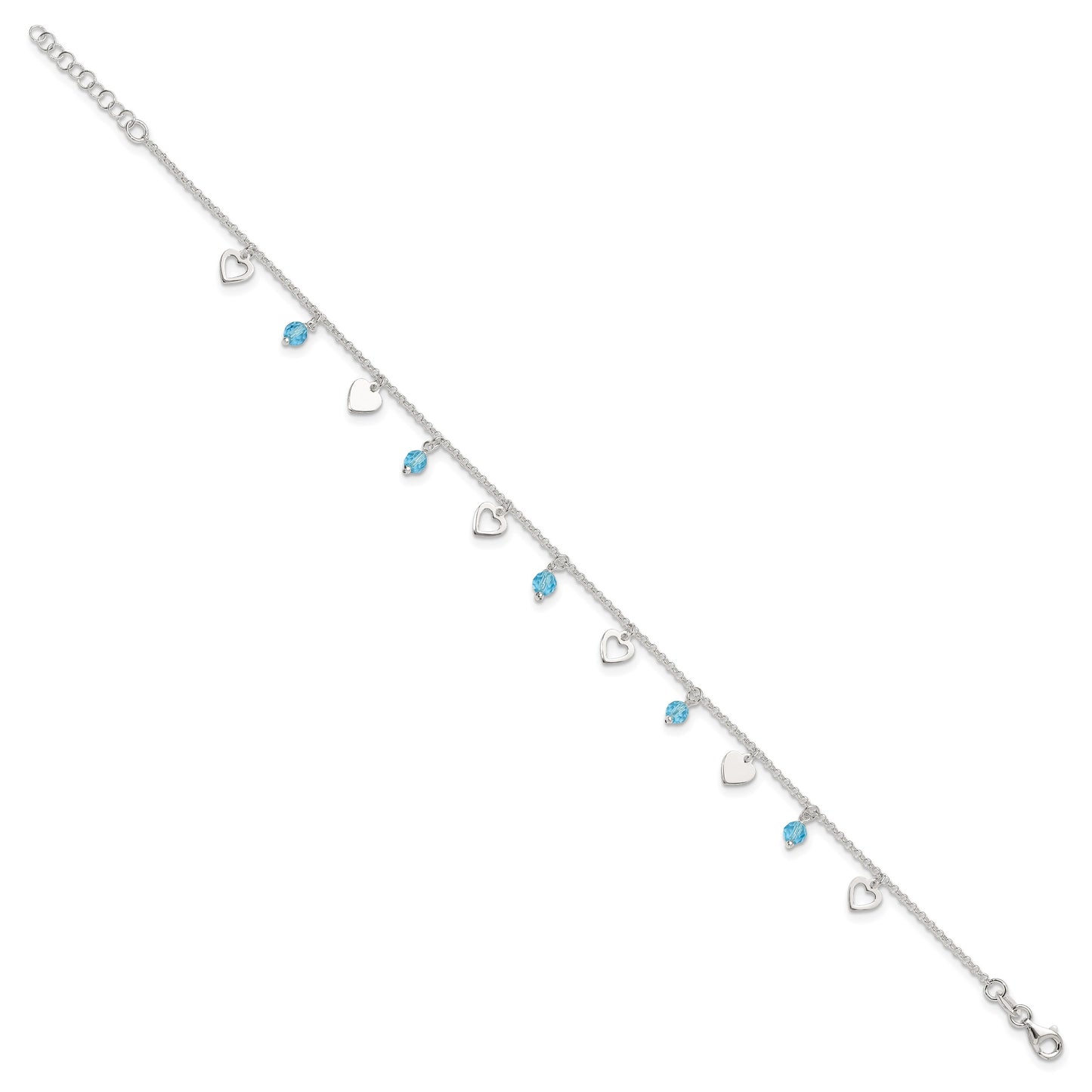 Sterling Silver Blue Glass Beads and Hearts 9 inch Plus 1 inch Extender - Total 10 inch Anklet