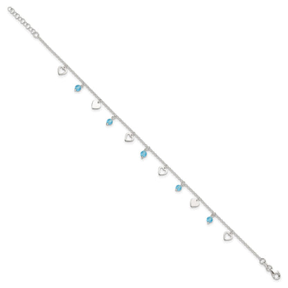 Sterling Silver Blue Glass Beads and Hearts 9 inch Plus 1 inch Extender - Total 10 inch Anklet