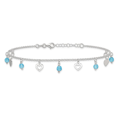 Sterling Silver Blue Glass Beads and Hearts 9 inch Plus 1 inch Extender - Total 10 inch Anklet
