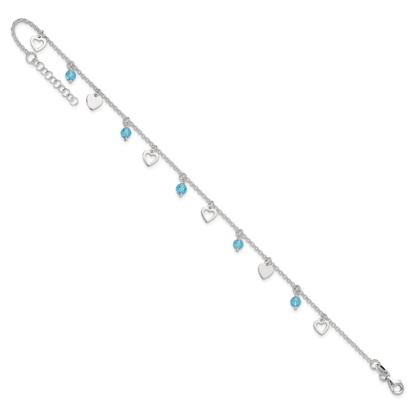 Sterling Silver Blue Glass Beads and Hearts 9 inch Plus 1 inch Extender - Total 10 inch Anklet