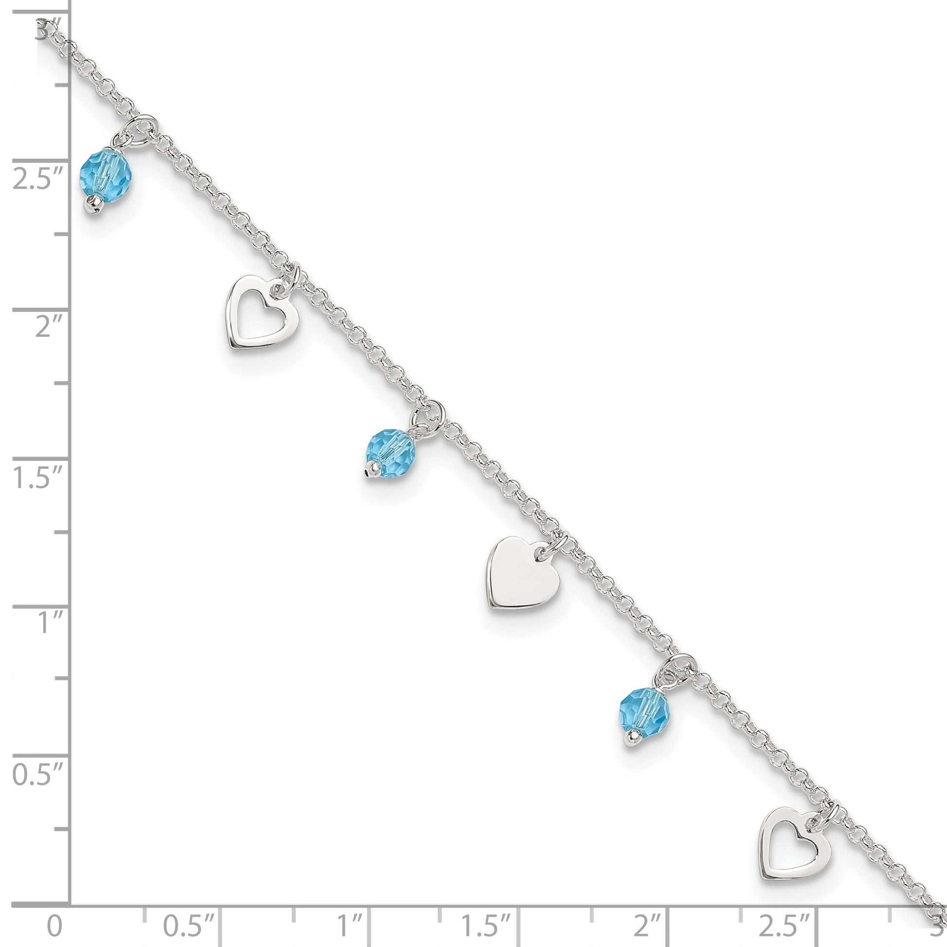 Sterling Silver Blue Glass Beads and Hearts 9 inch Plus 1 inch Extender - Total 10 inch Anklet