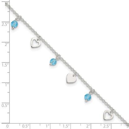 Sterling Silver Blue Glass Beads and Hearts 9 inch Plus 1 inch Extender - Total 10 inch Anklet