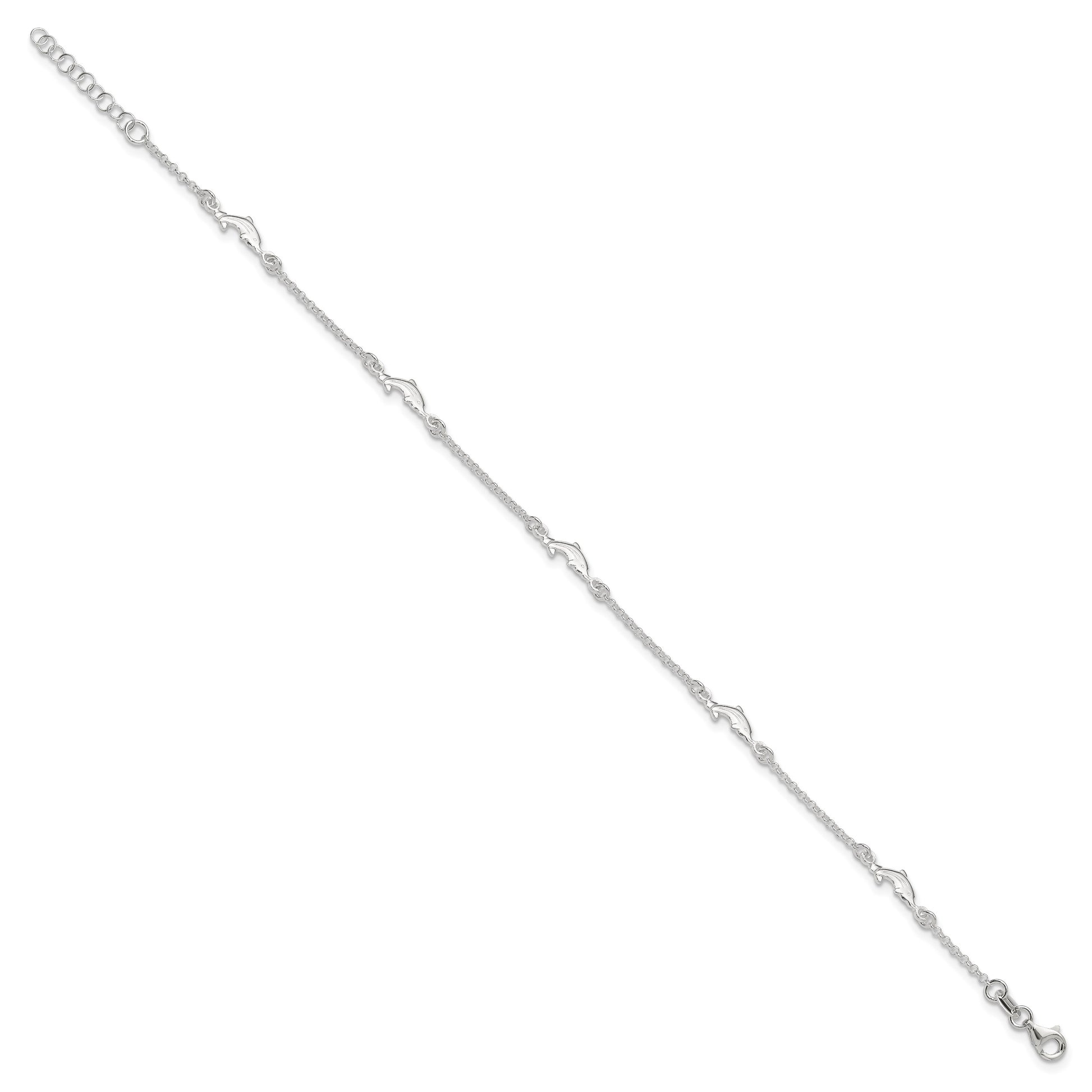 Sterling Silver Dolphin 5-Station 9 inch Plus 1 inch Extender - Total 10 inch Anklet