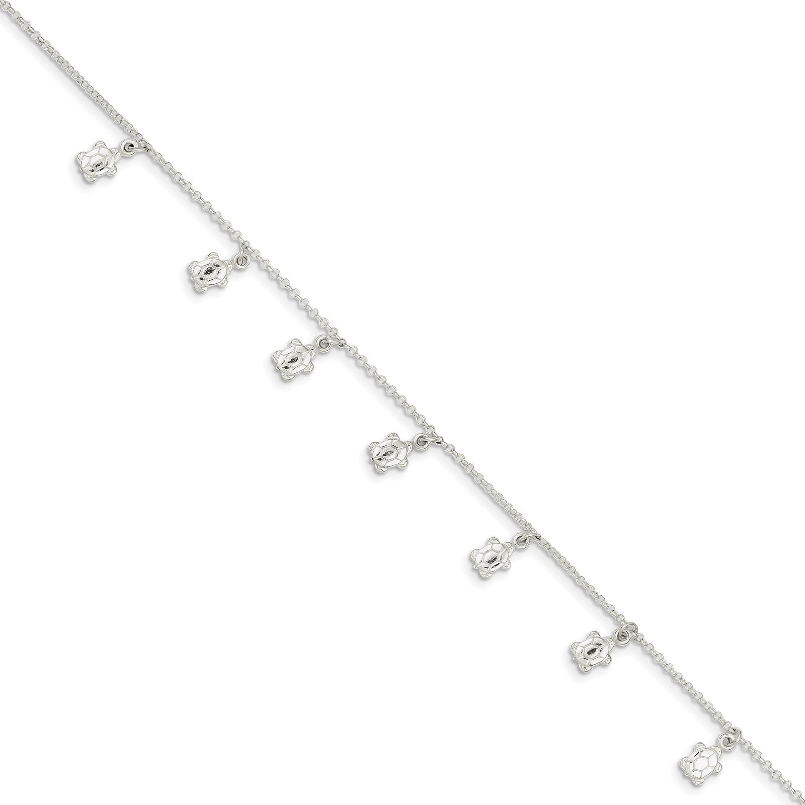Sterling Silver Turtle Charms 9 inch Plus 1 inch Extender - Total 10 inch Anklet