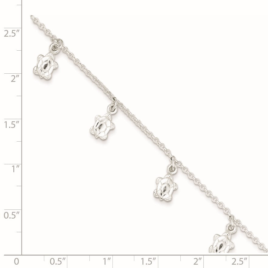 Sterling Silver Turtle Charms 9 inch Plus 1 inch Extender - Total 10 inch Anklet