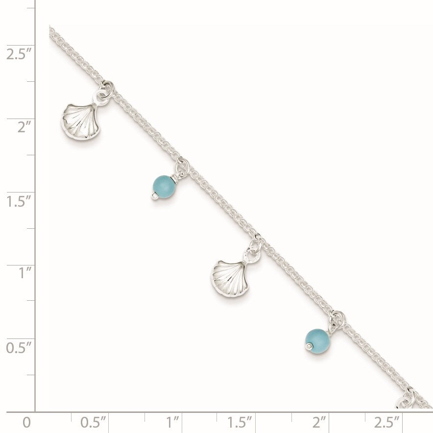 Sterling Silver Shells and Aqua Beads 9 inch Plus 1 inch Extender - Total 10 inch Anklet