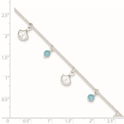 Sterling Silver Shells and Aqua Beads 9 inch Plus 1 inch Extender - Total 10 inch Anklet