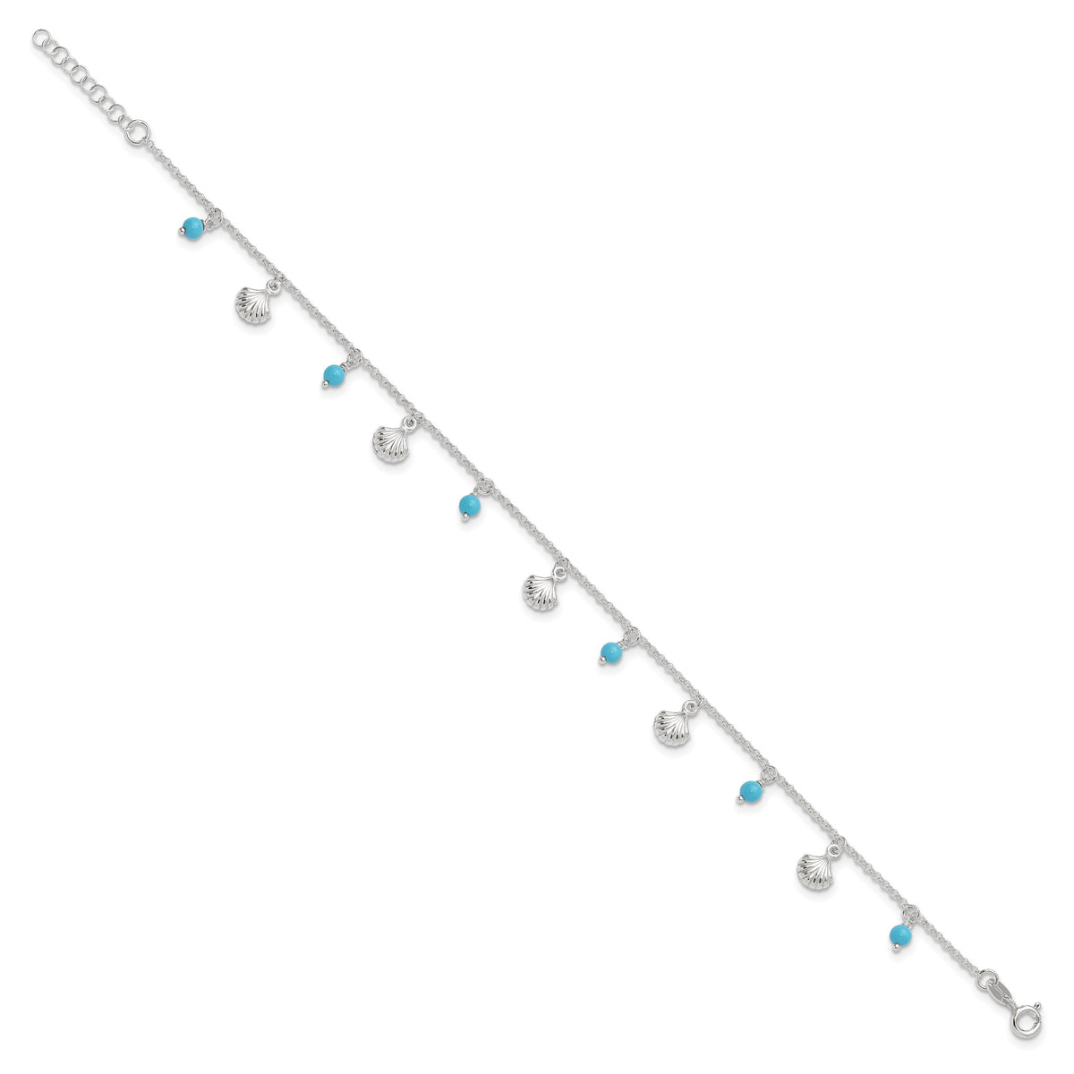 Sterling Silver Shells and Aqua Beads 10 inch Plus 1 inch Extender - Total 11 inch Anklet