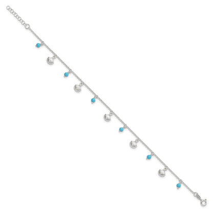 Sterling Silver Shells and Aqua Beads 10 inch Plus 1 inch Extender - Total 11 inch Anklet