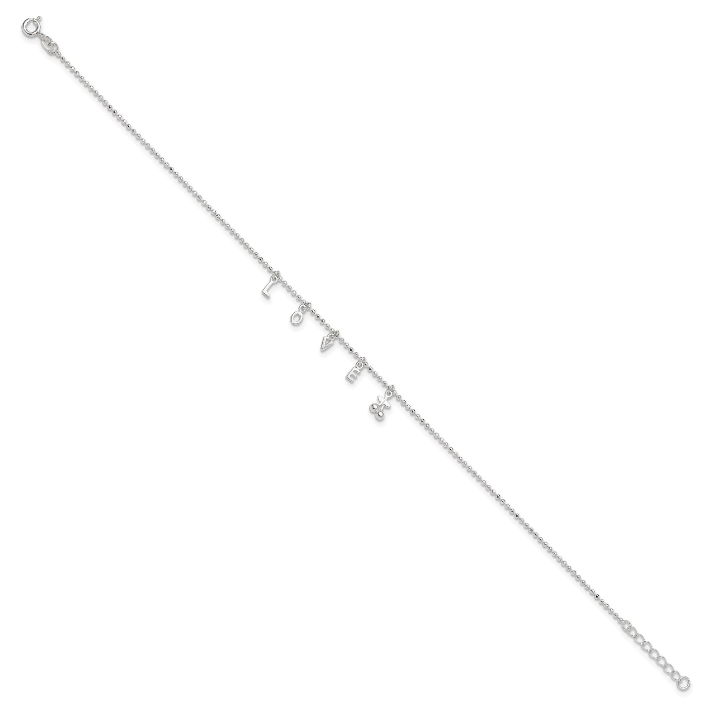 Sterling Silver LOVE Letters 10 inch Plus 1 inch Extender - Total 11 inch Anklet