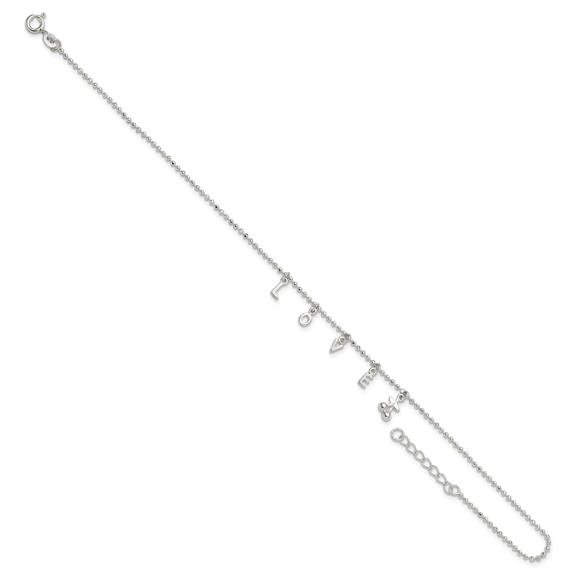 Sterling Silver LOVE Letters 10 inch Plus 1 inch Extender - Total 11 inch Anklet