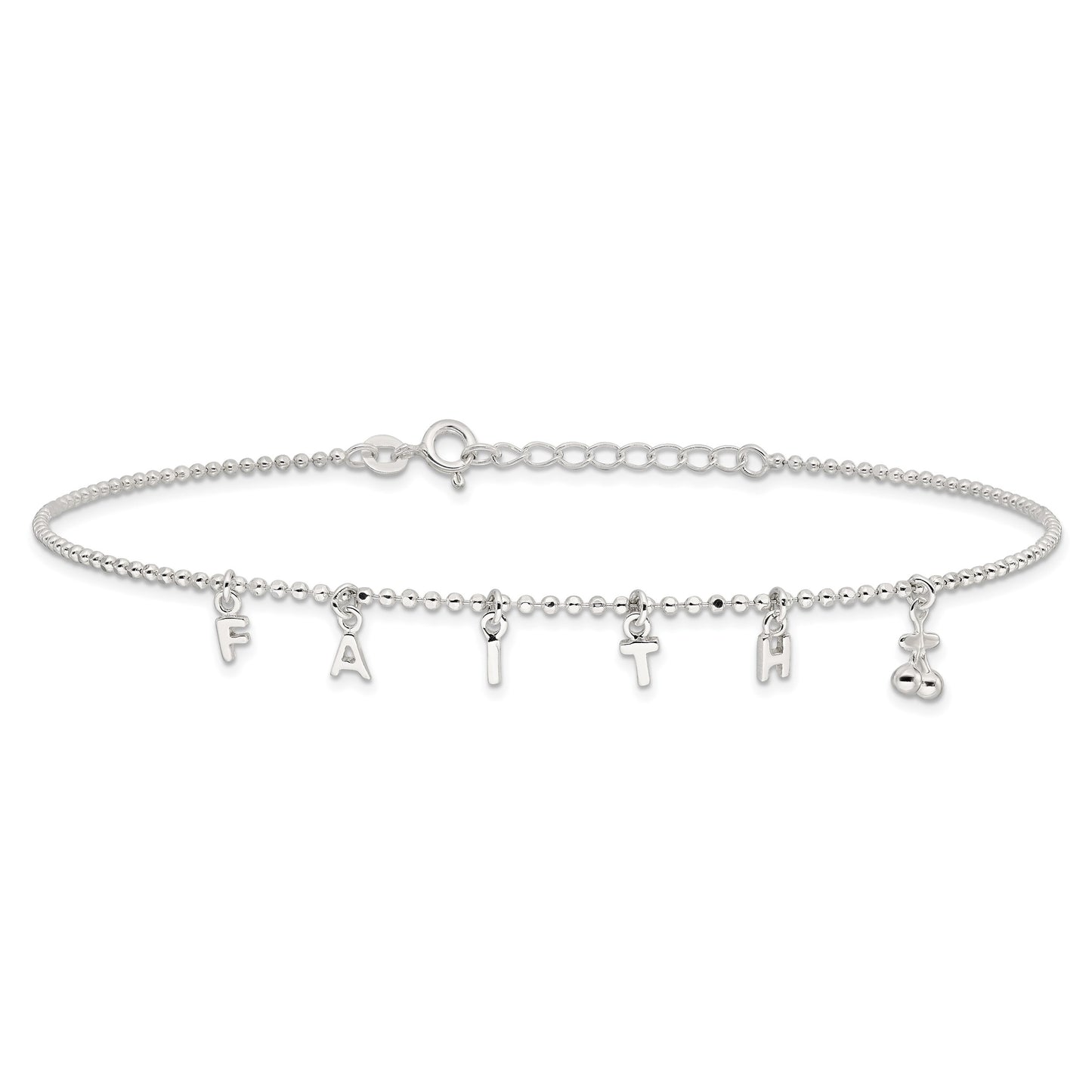Sterling Silver FAITH Letters 10 inch Plus 1 inch Extender - Total 11 inch Anklet