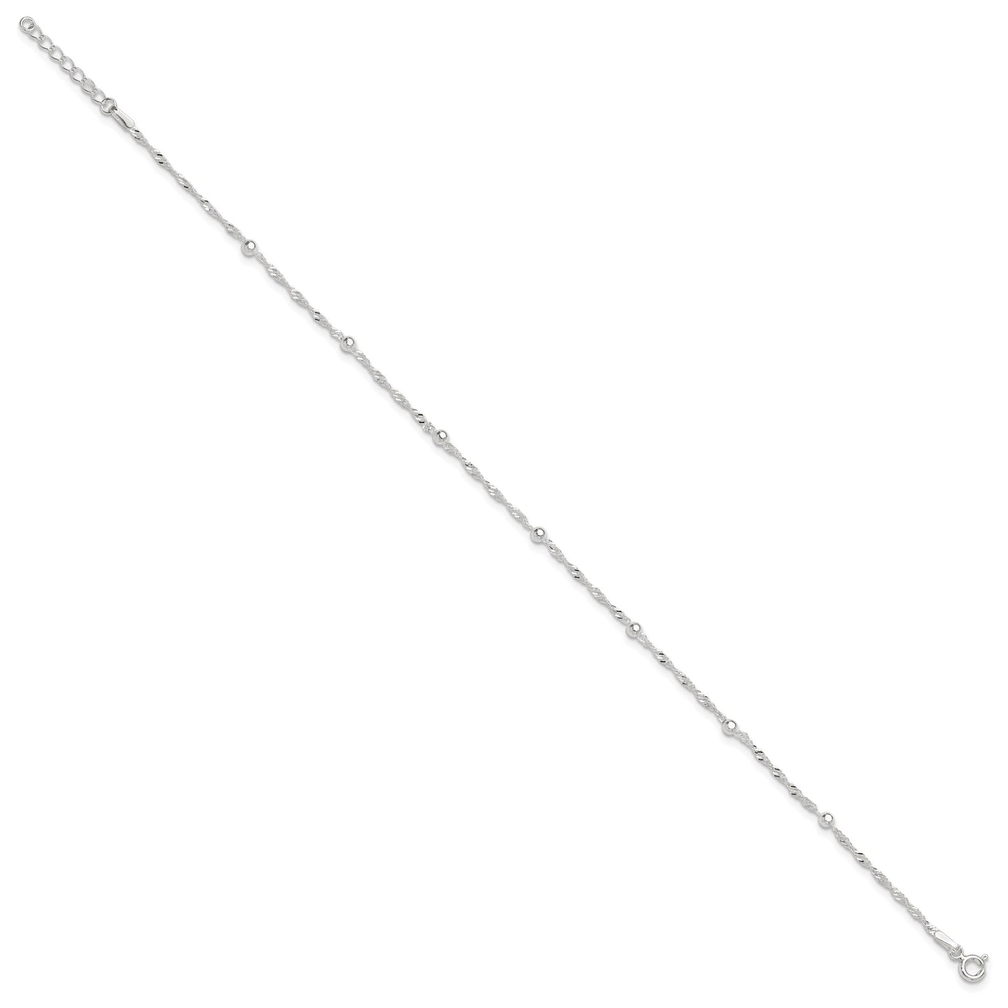 Sterling Silver Bead 7-Station 10 inch Plus 1 inch Extender - Total 11 inch Anklet