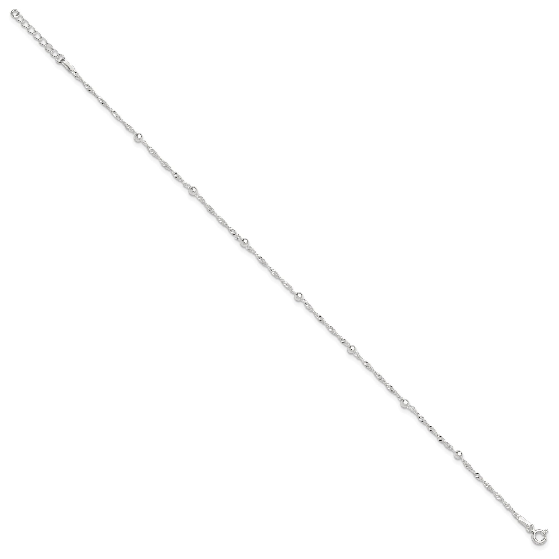 Sterling Silver Bead 7-Station 10 inch Plus 1 inch Extender - Total 11 inch Anklet