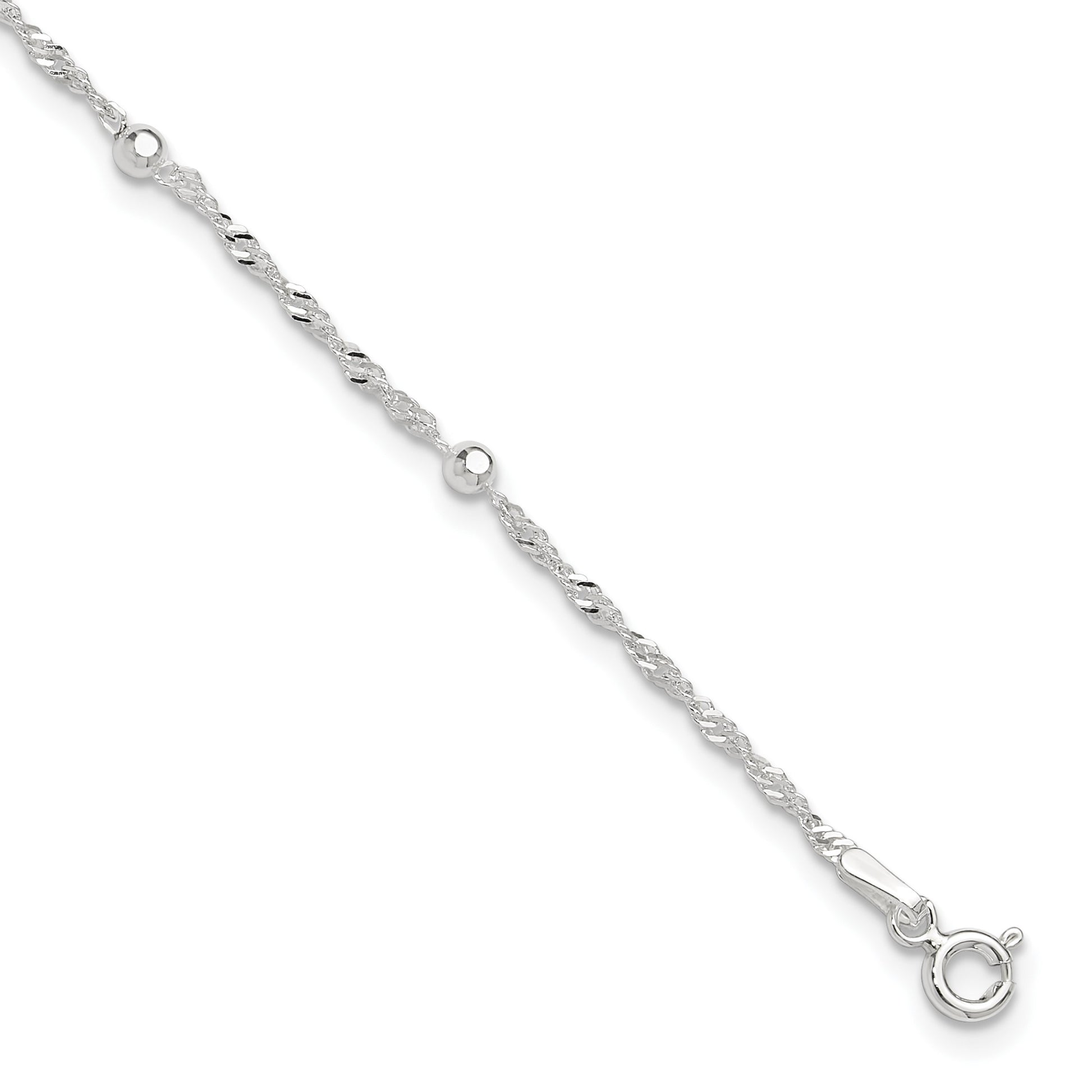 Sterling Silver Bead 7-Station 10 inch Plus 1 inch Extender - Total 11 inch Anklet