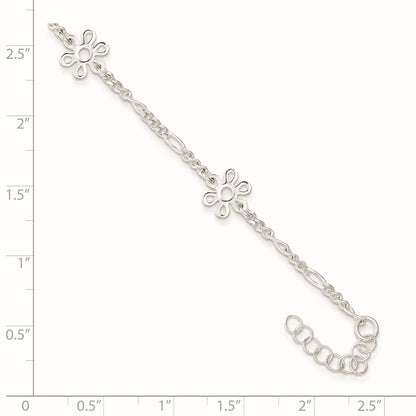 Sterling Silver Figaro Chain/Flowers 5-Station 9 inch Plus 1 inch Extender - Total 10 inch Anklet