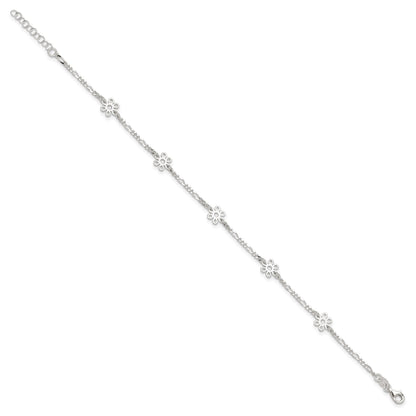 Sterling Silver Figaro Chain/Flowers 5-Station 9 inch Plus 1 inch Extender - Total 10 inch Anklet