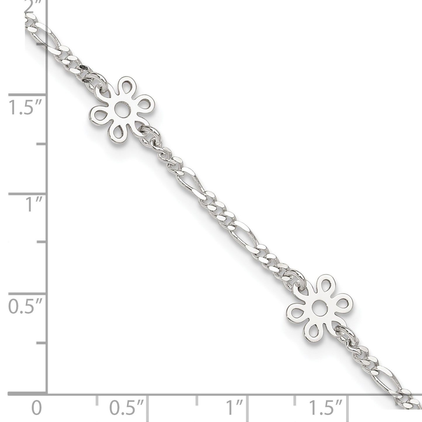 Sterling Silver Figaro Chain/Flowers 5-Station 9 inch Plus 1 inch Extender - Total 10 inch Anklet