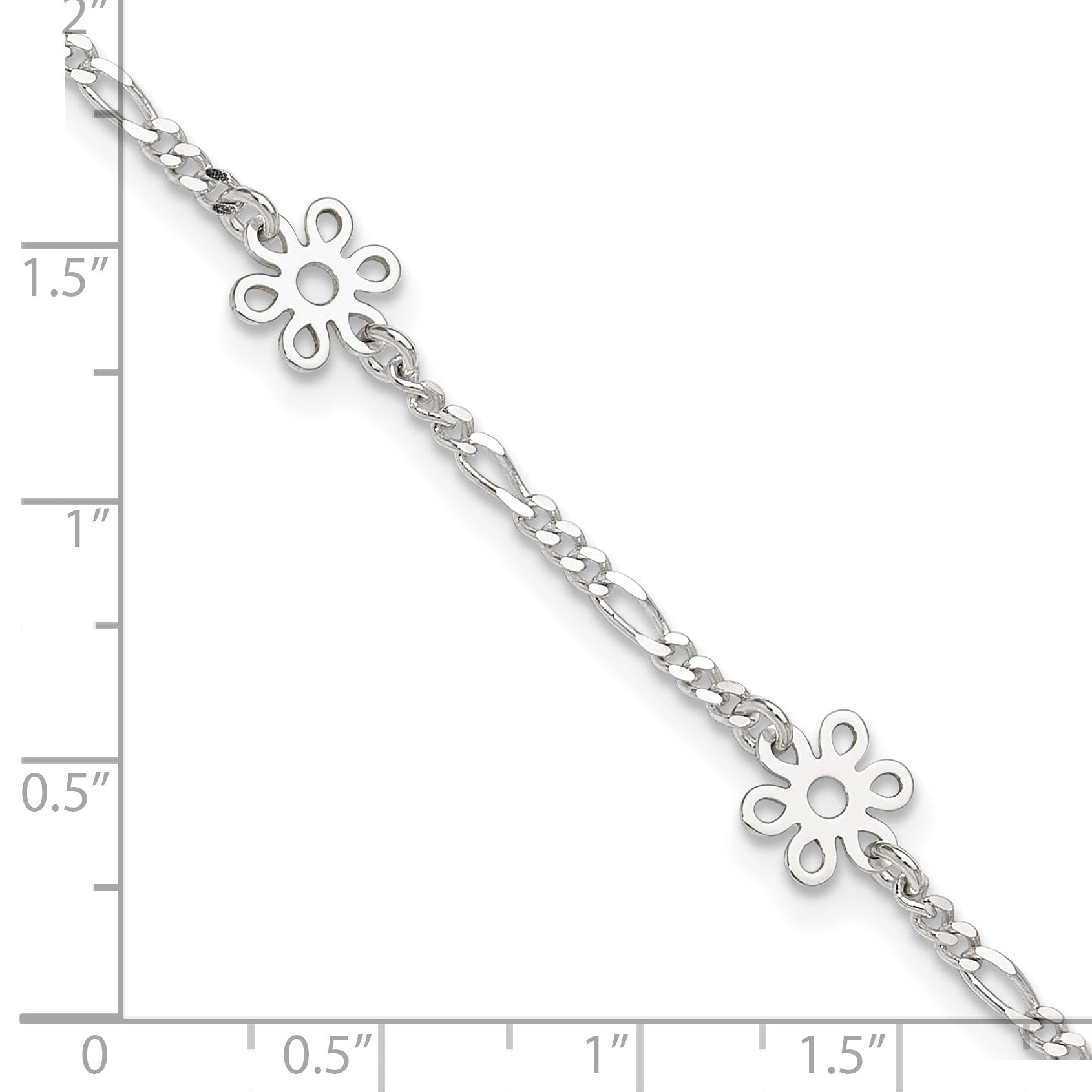 Sterling Silver Figaro Chain/Flowers 5-Station 9 inch Plus 1 inch Extender - Total 10 inch Anklet