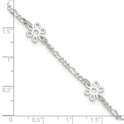 Sterling Silver Figaro Chain/Flowers 5-Station 9 inch Plus 1 inch Extender - Total 10 inch Anklet