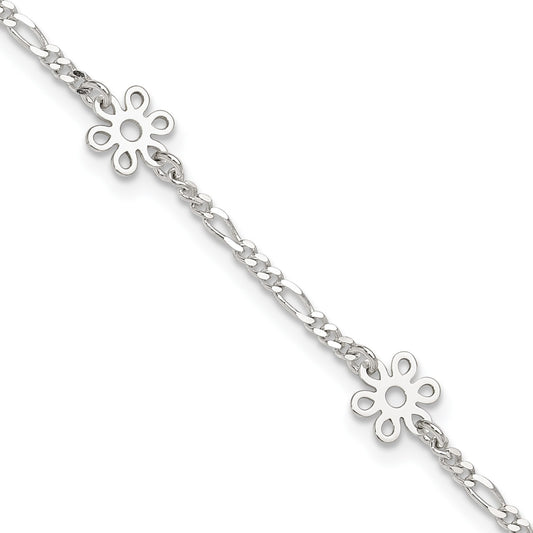 Sterling Silver Figaro Chain/Flowers 5-Station 9 inch Plus 1 inch Extender - Total 10 inch Anklet