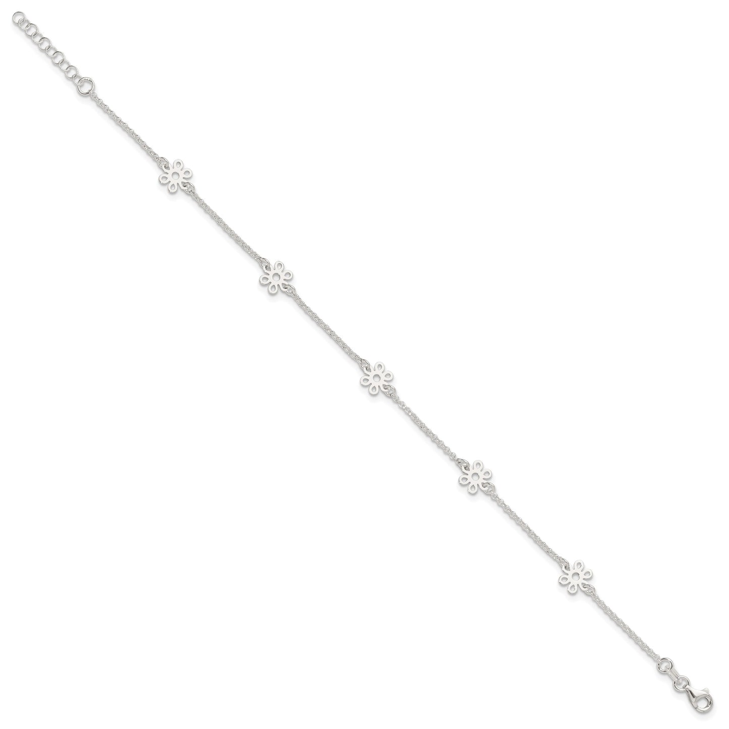Sterling Silver Cable Chain/Flowers 5-Station 9 inch Plus 1 inch Extender - Total 10 inch Anklet