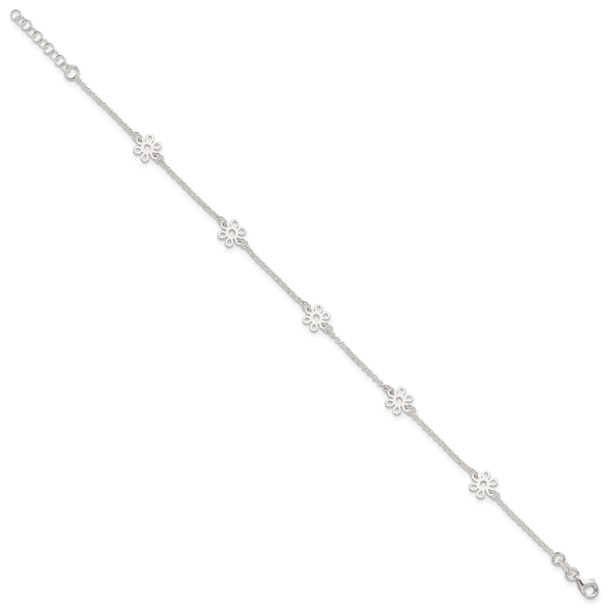Sterling Silver Cable Chain/Flowers 5-Station 9 inch Plus 1 inch Extender - Total 10 inch Anklet