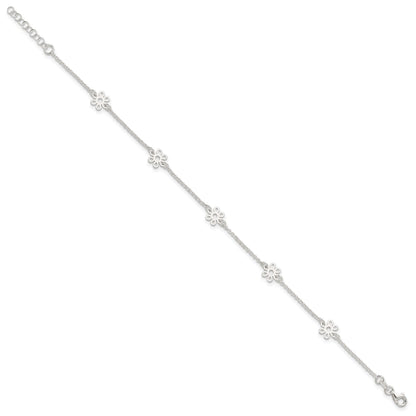 Sterling Silver Cable Chain/Flowers 5-Station 9 inch Plus 1 inch Extender - Total 10 inch Anklet