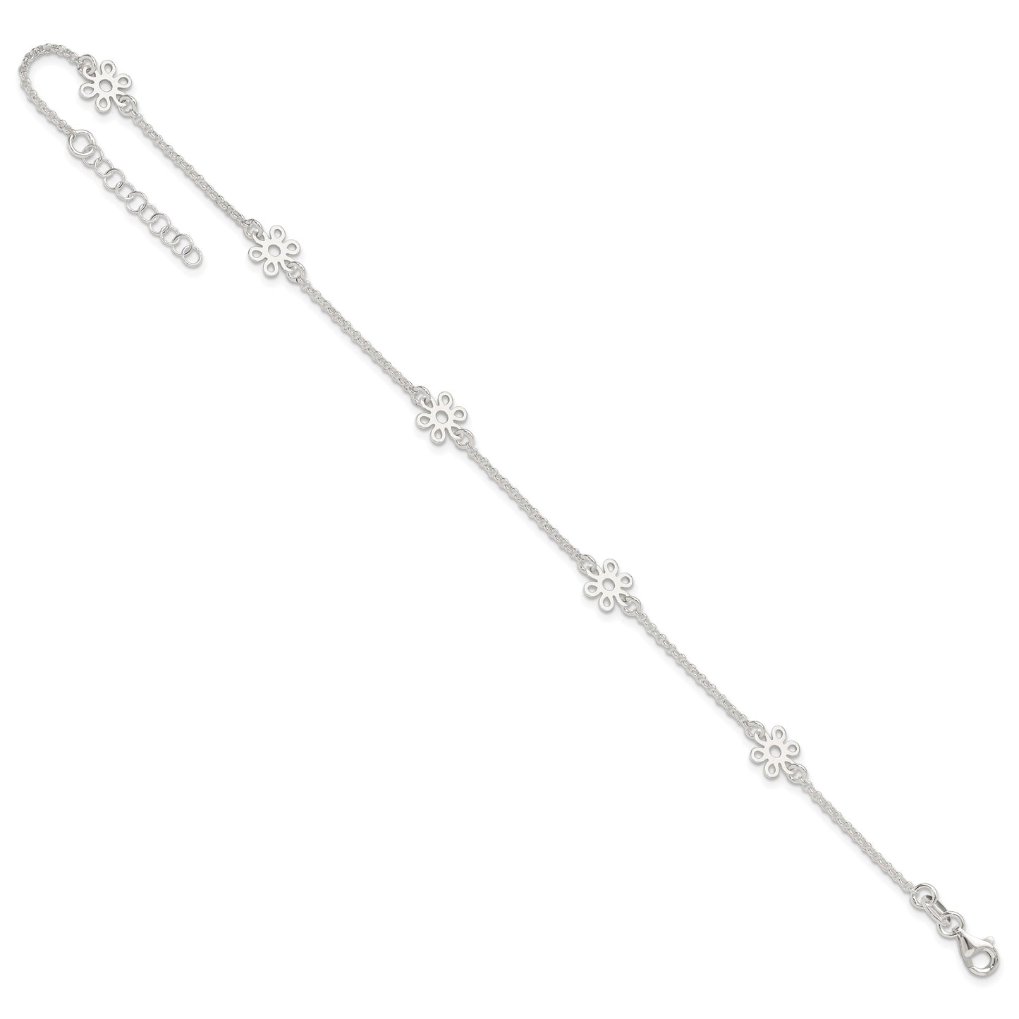 Sterling Silver Cable Chain/Flowers 5-Station 9 inch Plus 1 inch Extender - Total 10 inch Anklet
