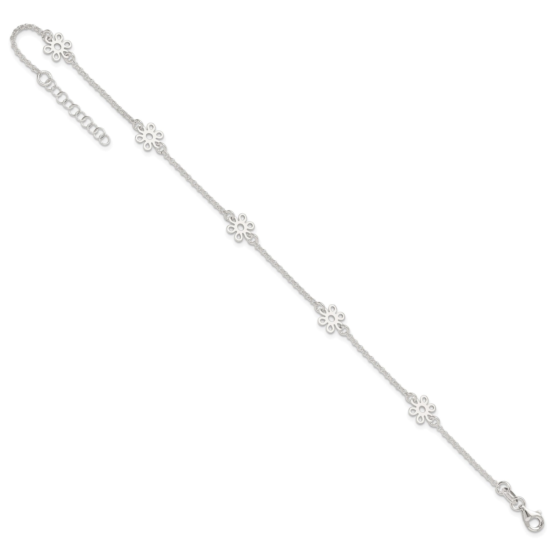 Sterling Silver Cable Chain/Flowers 5-Station 9 inch Plus 1 inch Extender - Total 10 inch Anklet