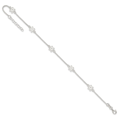 Sterling Silver Cable Chain/Flowers 5-Station 9 inch Plus 1 inch Extender - Total 10 inch Anklet