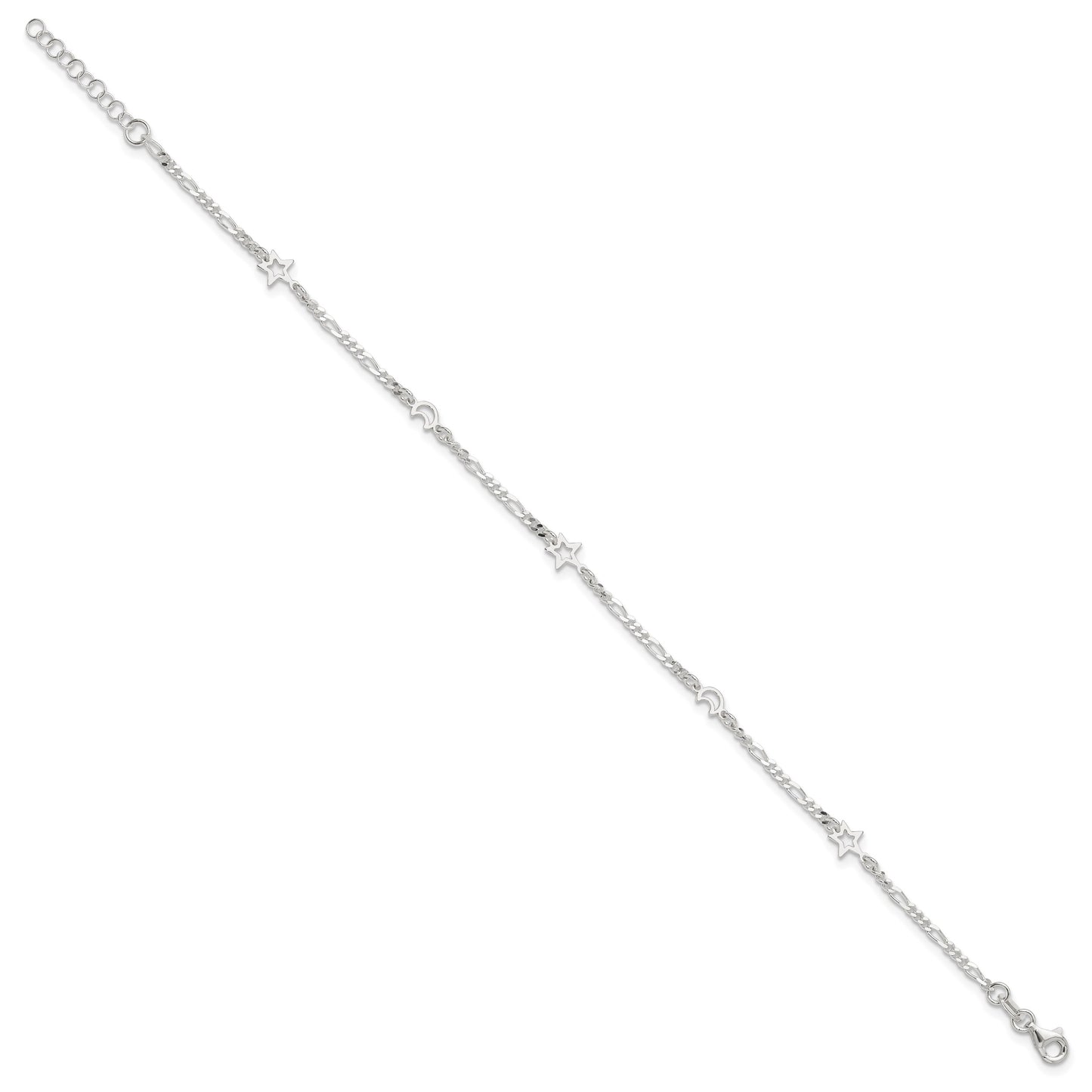 Sterling Silver Moon and Star 9 inch Plus 1 inch Extender - Total 10 inch Anklet