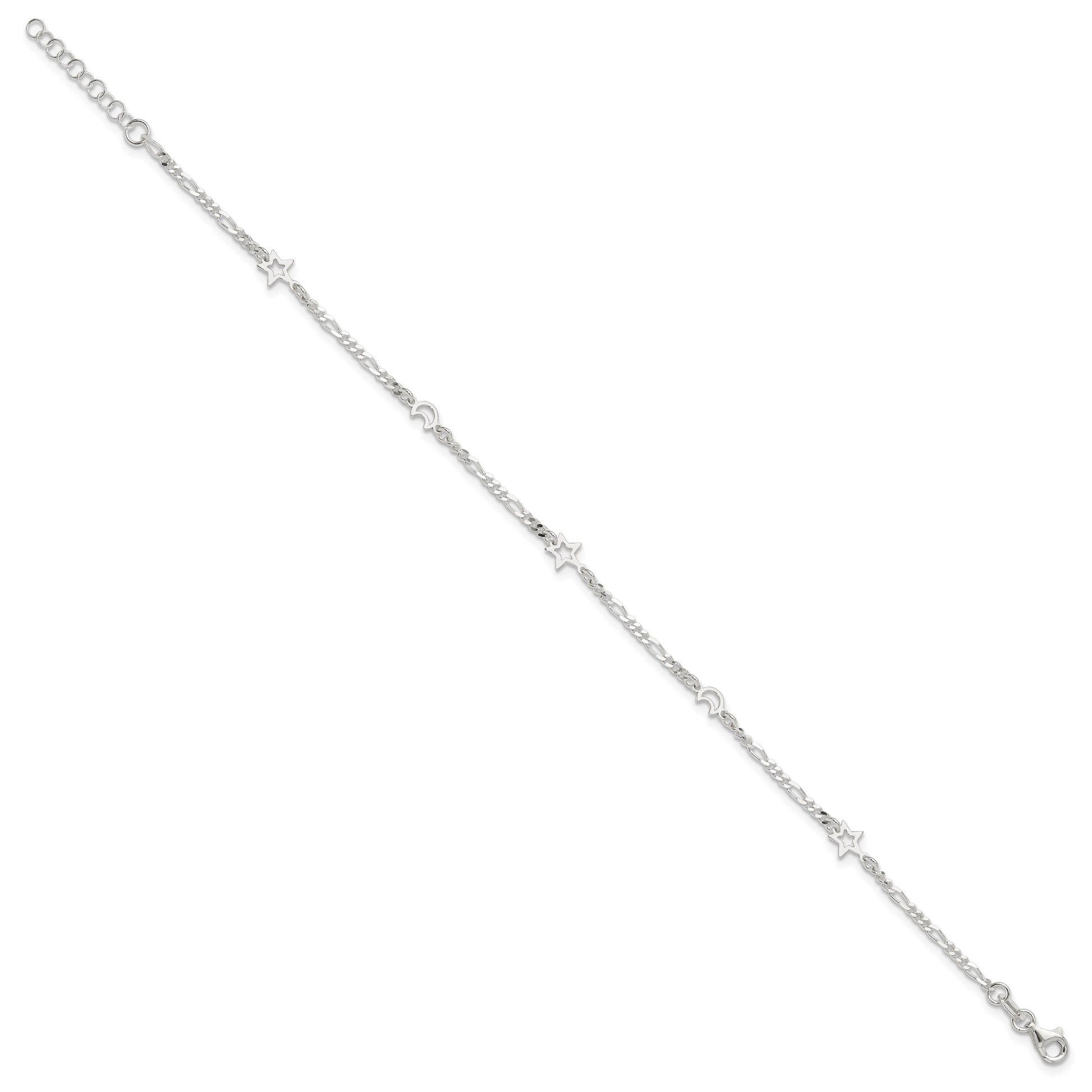 Sterling Silver Moon and Star 9 inch Plus 1 inch Extender - Total 10 inch Anklet