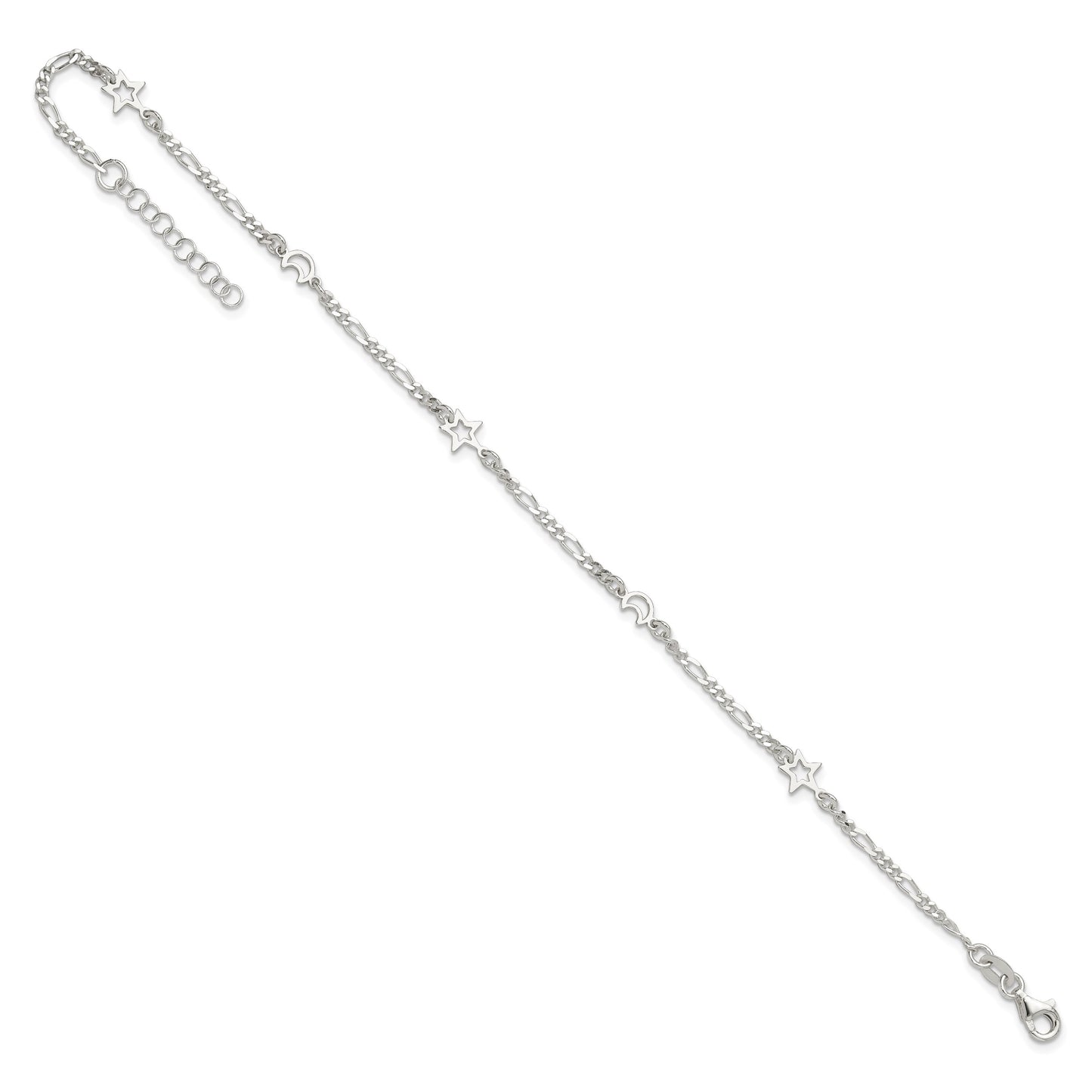 Sterling Silver Moon and Star 9 inch Plus 1 inch Extender - Total 10 inch Anklet