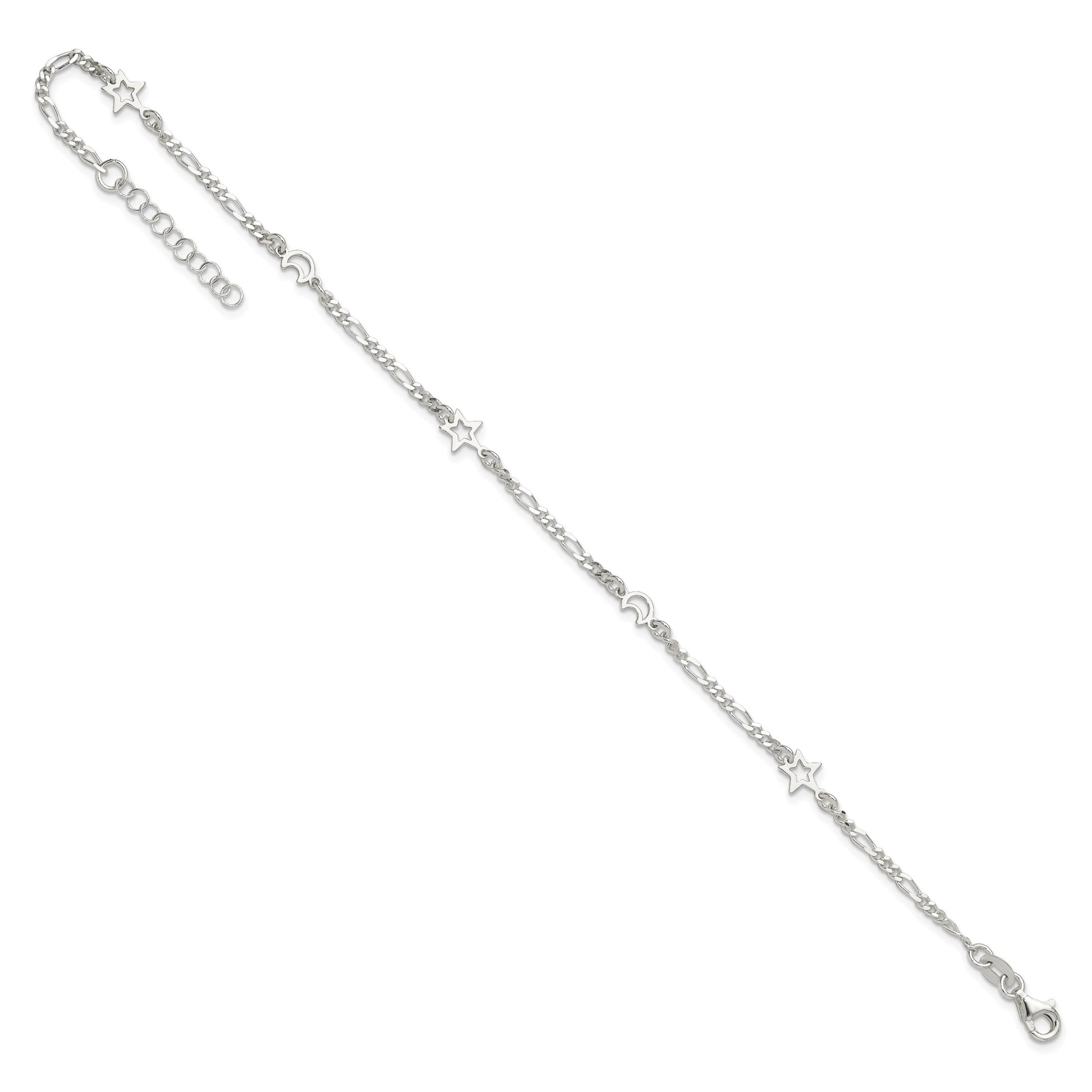 Sterling Silver Moon and Star 9 inch Plus 1 inch Extender - Total 10 inch Anklet