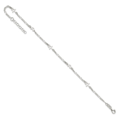Sterling Silver Moon and Star 10 inch Plus 1 inch Extender - Total 11 inch Anklet