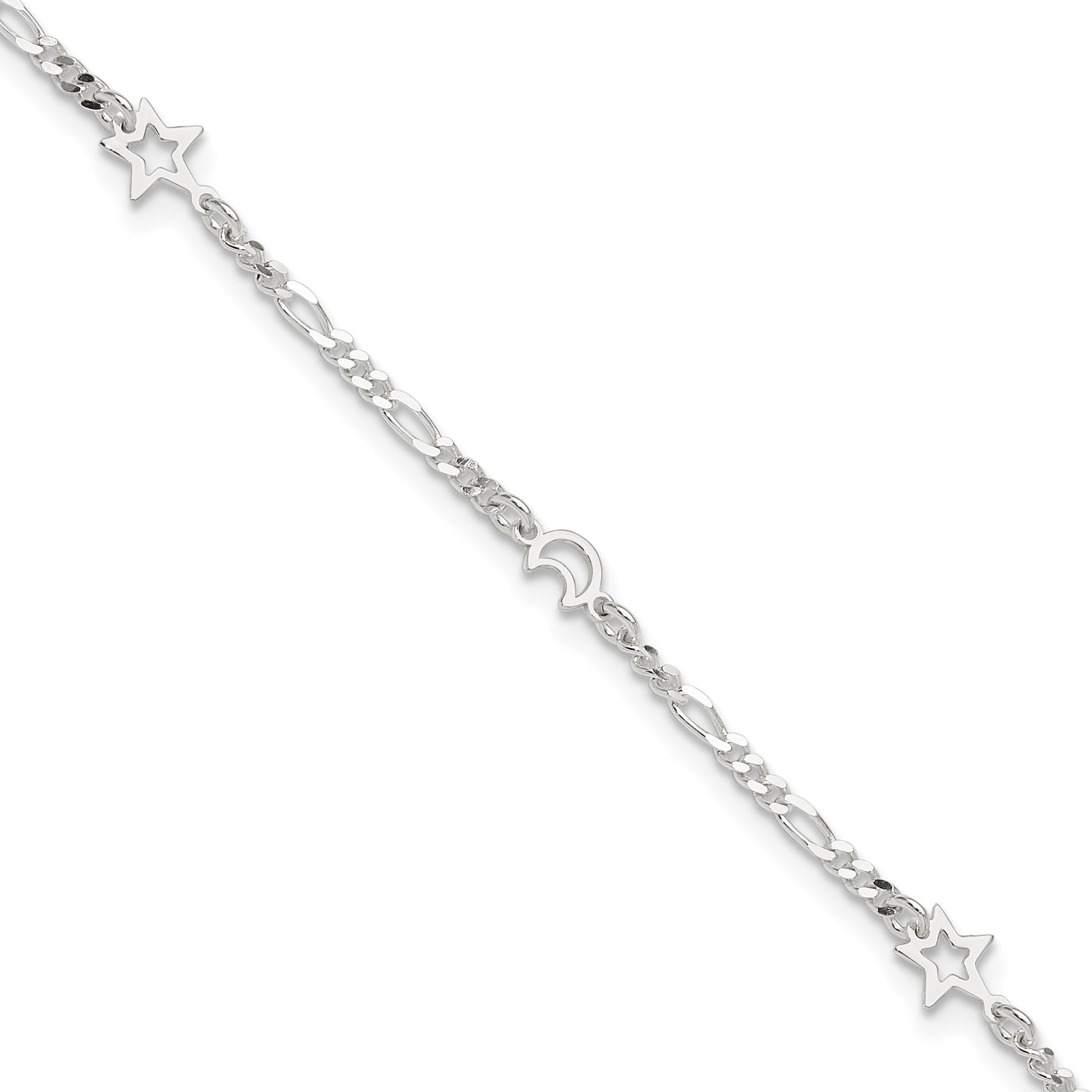 Sterling Silver Moon and Star 9 inch Plus 1 inch Extender - Total 10 inch Anklet