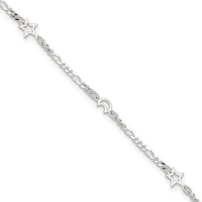 Sterling Silver Moon and Star 10 inch Plus 1 inch Extender - Total 11 inch Anklet