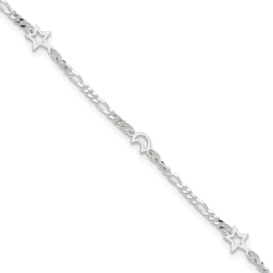 Sterling Silver Moon and Star 10 inch Plus 1 inch Extender - Total 11 inch Anklet