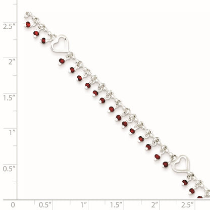 Sterling Silver Red Beads and Heart 10 inch Plus 1 inch Extender - Total 11 inch Anklet