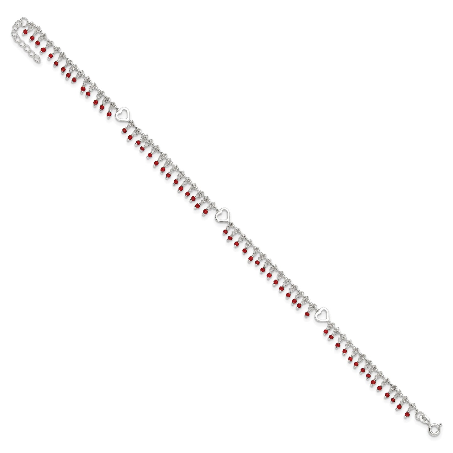 Sterling Silver Red Beads and Heart 10 inch Plus 1 inch Extender - Total 11 inch Anklet