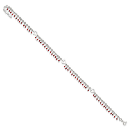Sterling Silver Red Beads and Heart 10 inch Plus 1 inch Extender - Total 11 inch Anklet