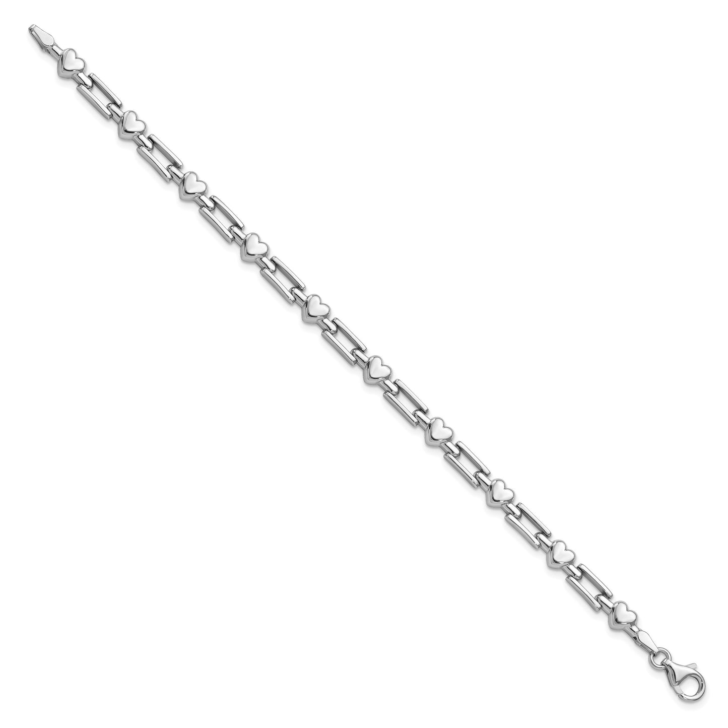 Sterling Silver Rhodium Polished Hearts and Squares Bracelet