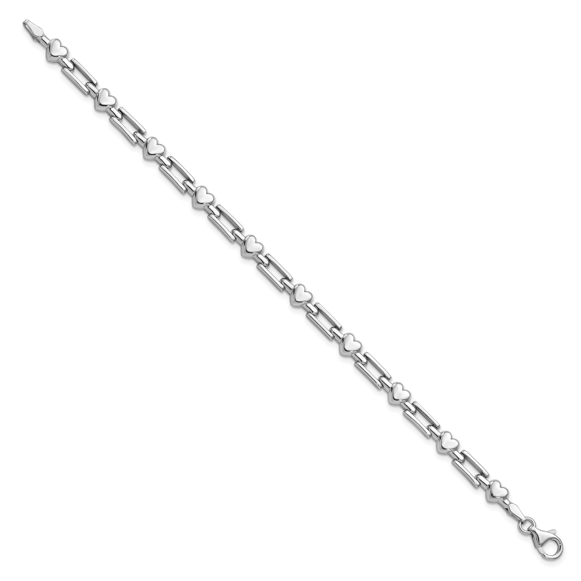 Sterling Silver Rhodium Polished Hearts and Squares Bracelet